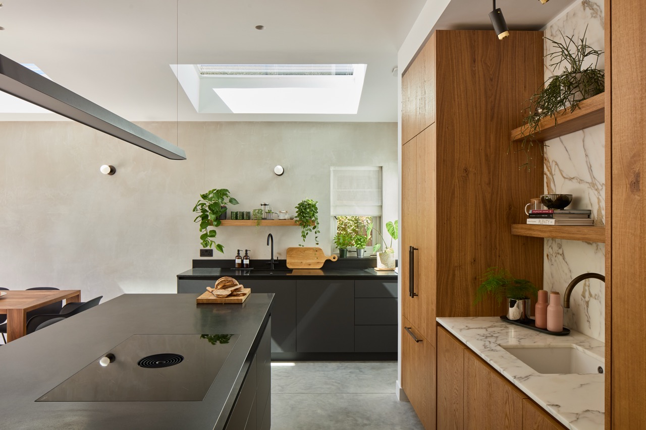 Light-filled kitchen with oak cabinetry